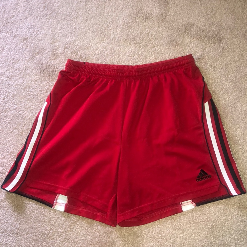 Red Adidas soccer shorts
